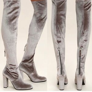 Steve Madden size 8.5 over the knee velvet gray boots, 3.75 inch block heel